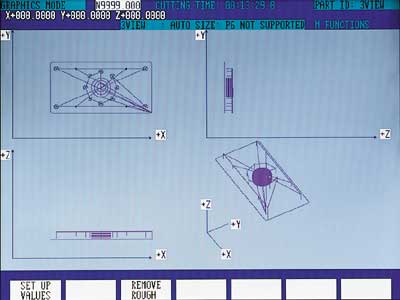 DynaPath graphics are complete and powerful. The program can be displayed in any of the four different four views. Graphics can show either tool path or part surface, and the graphics run in real time for complete analysis of the machining process.