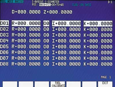 Lathe operation requires a detailed tool table for tool length, nose radius and orientation. DynaPath tables are complete and can be updated manually or from a network PC.